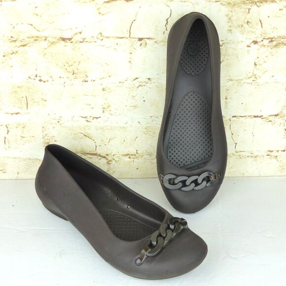 Crocs Gianna Chain Link Ballet Flats Womens 7 Brown Slip On Lightweight Comfort - Picture 1 of 12